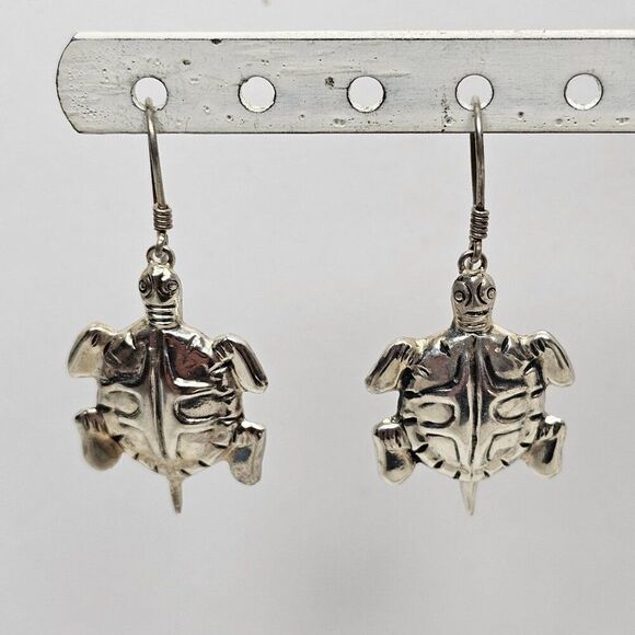 Sterling Silver 925 Sea Turtle Earrings Dangle Hook Pierced Nautical Beach - Picture 7 of 8
